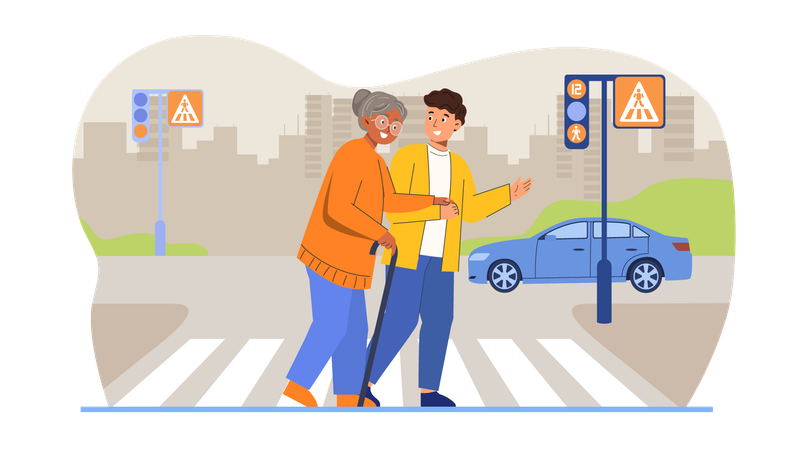 Un jeune garçon aide une vieille dame à traverser la route  Illustration
