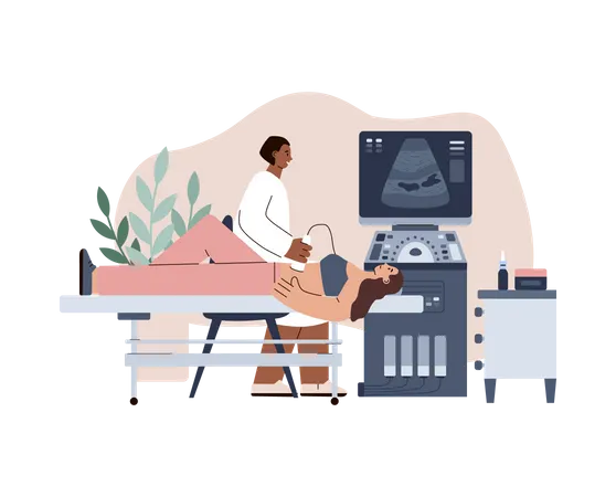 Le médecin examine l'estomac et l'abdomen d'une patiente  Illustration