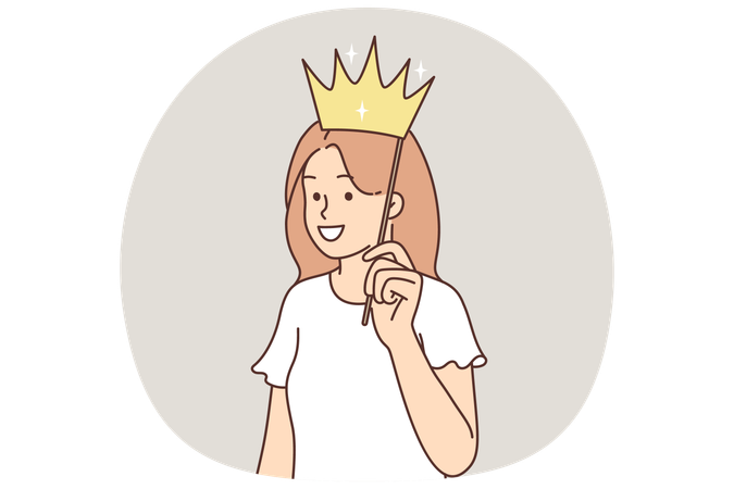 Une adolescente met une fausse couronne sur sa tête et sourit en rêvant de devenir princesse ou reine  Illustration