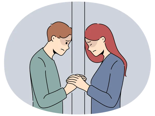 Unhappy couple separated by wall  Illustration