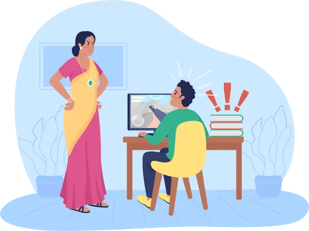 Unhappy Indian mother argue with son  Illustration