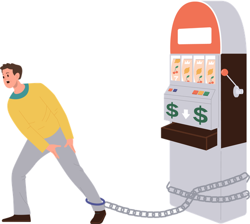 Unhappy man chained to casino slot machine suffering from gambling addiction  Illustration