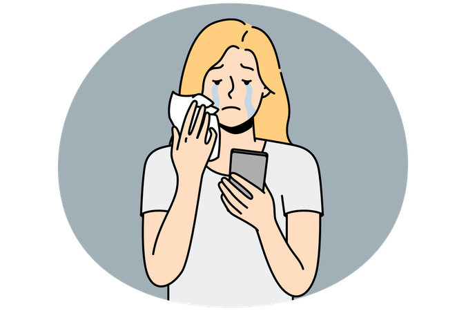 Unhappy woman look at cell screen crying  Illustration