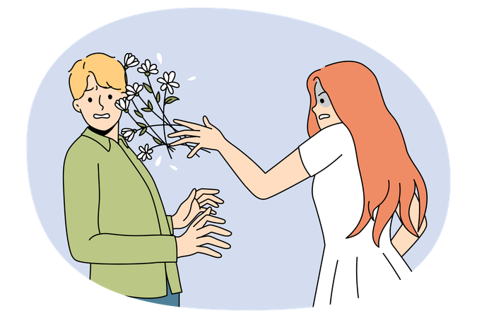 Unhappy woman throw flowers to man face  Illustration