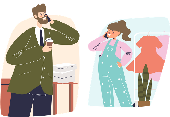 Vater und Tochter telefonieren mit dem Handy  Illustration