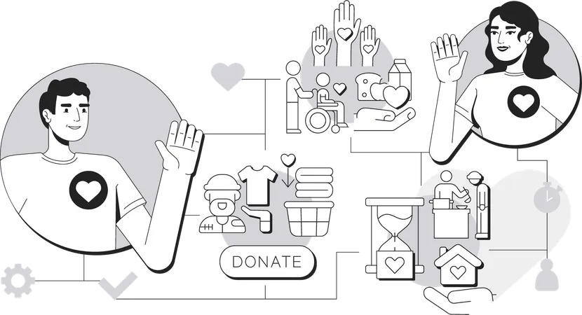 Voluntários do sexo masculino e feminino doando alimentos e roupas  Ilustração