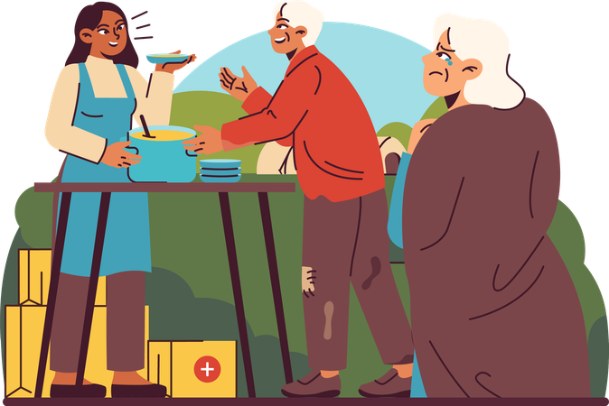 Volunteers serve meals to elderly and addressing hunger and food scarcity  Illustration