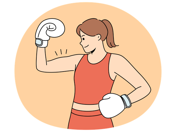 Woman boxer shows biceps and smiles demonstrating strength and determination to defeat opponent  Illustration