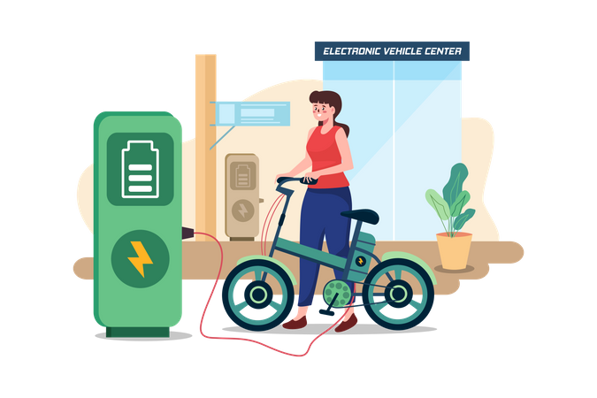 Woman Charges The Electric Bike At Electronic Vehicle Center  일러스트레이션
