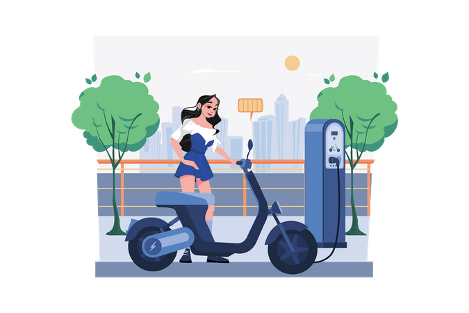 Woman Charges The Electric Bike At Electronic Vehicle Center  일러스트레이션