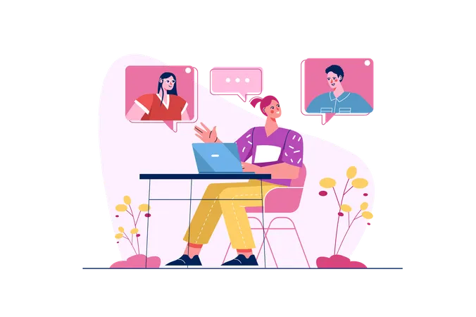 Woman Communicate with Colleagues via Video Call  Illustration