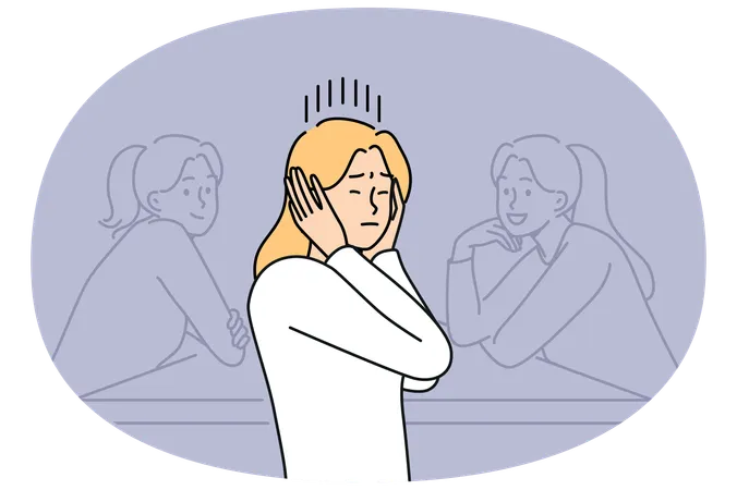Woman covers ears by refusing to listen to statements of toxic colleagues and ignoring criticism  Illustration