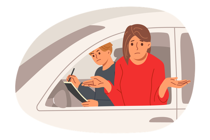 Woman failed driver license test and shrugs as looks out of car with disgruntled instructor  Illustration