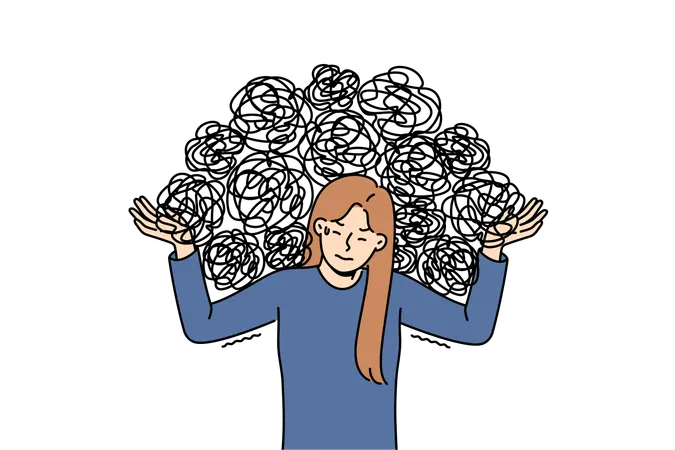 Woman feeling mental pressure due to burden chaotic thoughts caused by psychological trauma from past  Illustration