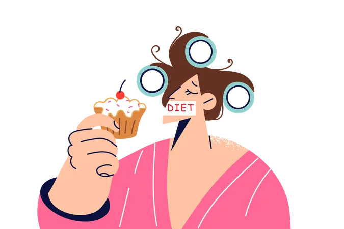 Woman going to break diet by eating sweet dessert with lot of fat and carbohydrates  Illustration