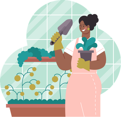 Woman holding plant pot with shovel  Illustration