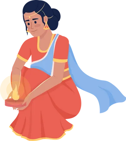 Woman in saree holding diya  Illustration
