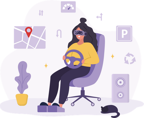 Woman in VR glasses learning to drive car in metaverse  Illustration