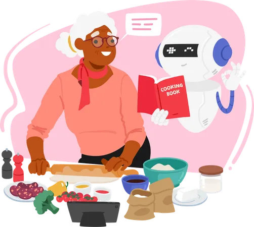 Woman is cooking while seeking help from chatbot  Illustration
