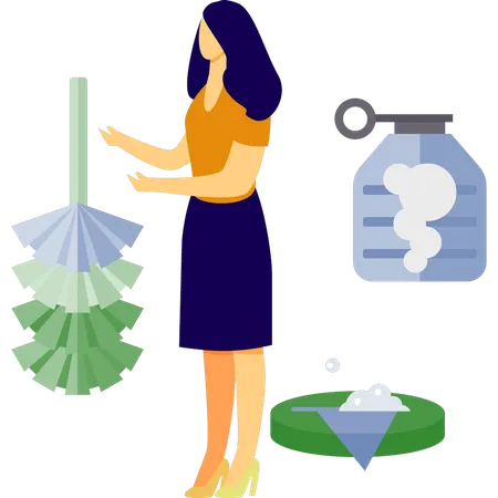 Woman is holding cobweb brush for cleaning  Illustration