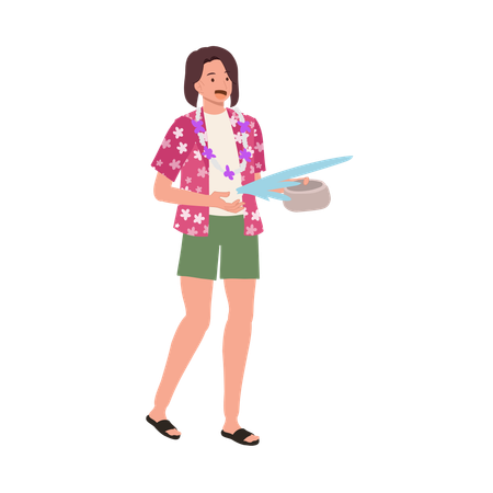 Woman Joyfully Splashing Water during Songkarn  Illustration