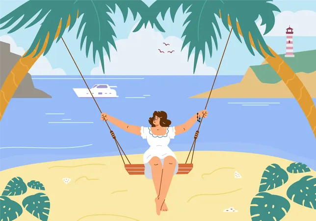 Woman on a swing at a seaside resort  Illustration