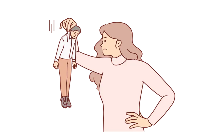 Woman subordinate angrily looks at miniature boss demonstrating insubordination at work  イラスト
