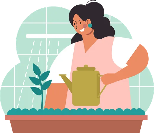 Woman watering plant  Illustration