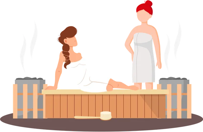 Woman wearing bath towel sit on wooden bench at hot steam sauna  Illustration