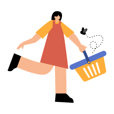 空のショッピングカートを持つ女性  イラスト