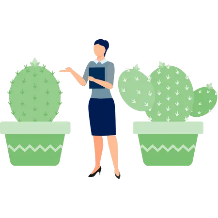 Woman with file talking about laphophora plant  Illustration