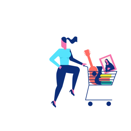 Woohoo Shopping Character woman with guitar and paintings in shopping trolley  Illustration
