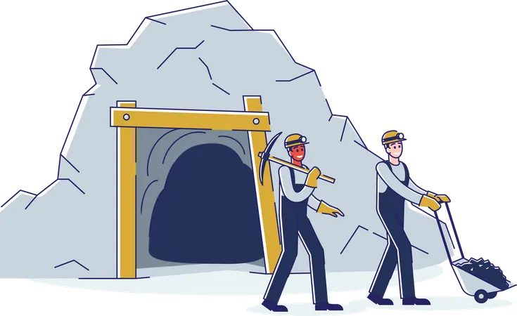 Worker Carrying on Mine Cart and Tool  일러스트레이션