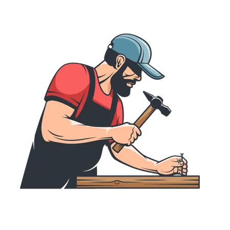 Worker handyman with hammer and nail  Illustration