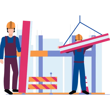 Workers are carrying steel beams for construction of a building  Illustration