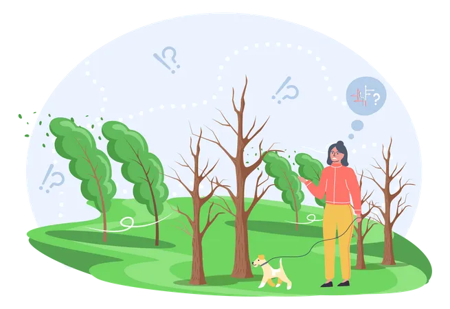 Worried Girl walking with dog  イラスト