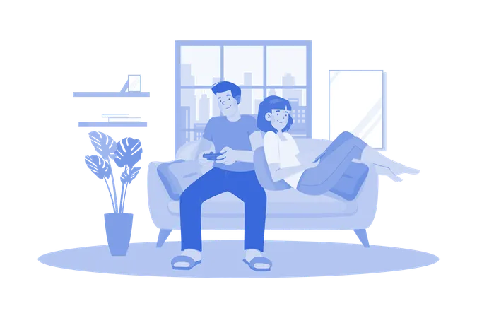 Young Couple Sitting On The Sofa Playing A Game  Illustration