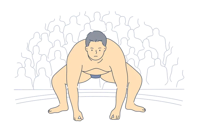 Young fat obese serious asian man sumo wrestler preparing fighting at match  Illustration