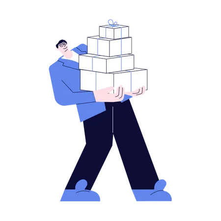 Young man carrying a huge stack of gifts  Illustration