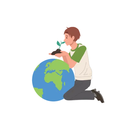 Young man holding green plant with soil in his hand  Illustration