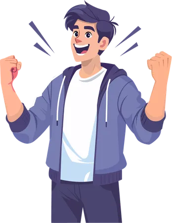 Young man raising his fists in delight at his success  Illustration