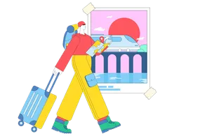 Young Man Tourist Walking With Suitcase