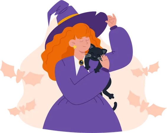 Young witch in purple dress with red hair hugs  black cat  Illustration