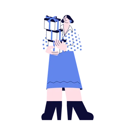 Young woman holding a huge stack of gifts  Illustration