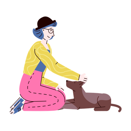 Young woman on floor with dog pet  Illustration
