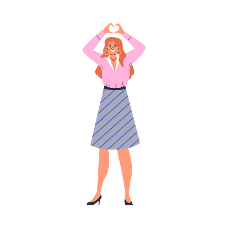 Young woman raised hands and showing heart sign with her fingers  Illustration