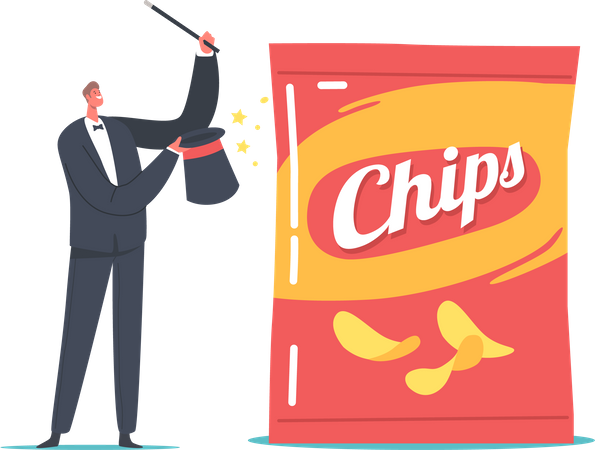 Zauberstab präsentiert Marketingtricks mit Chips-Paket  Illustration